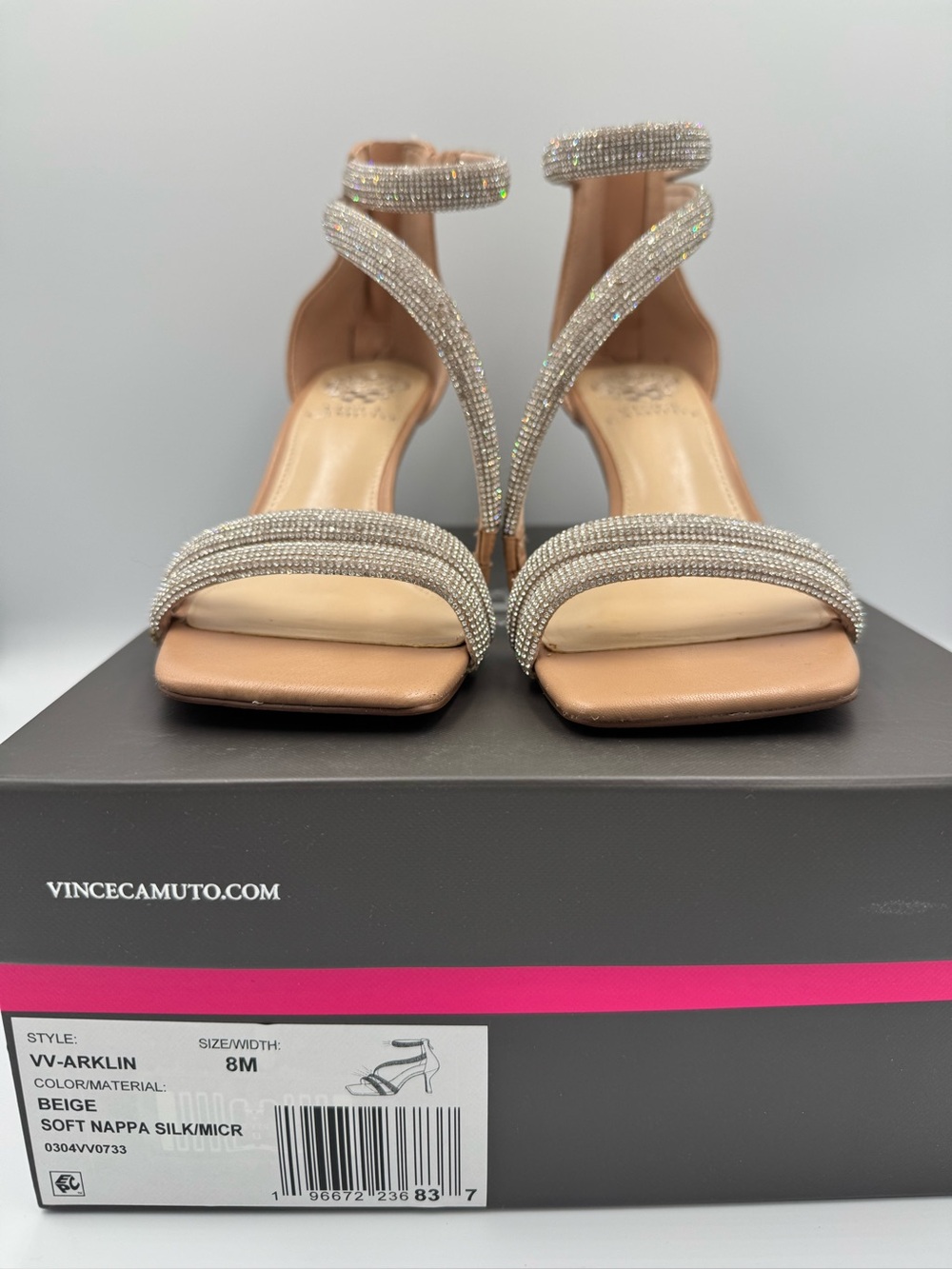 Vince Camuto Beige Ankle-Heels with Sparkly ✨ Rhinestone-Straps, size 8M